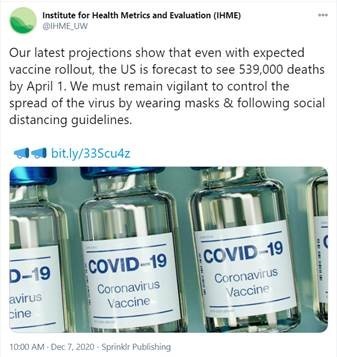 Screenshot of IHME tweet on COVID-19 projections with and without vaccine