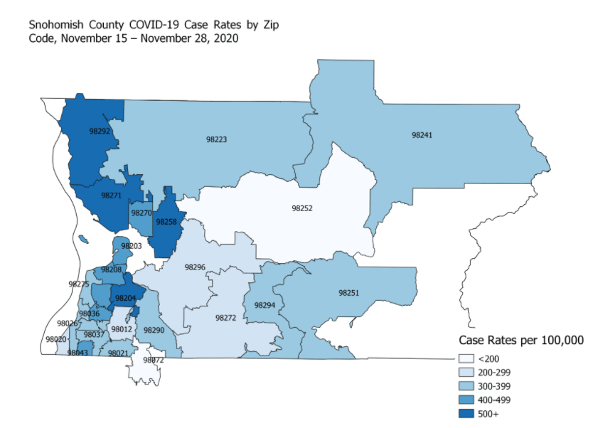 Map showing Snohomish County COVID-19 Case rates by ZIP code Nov 15 through Nov 28