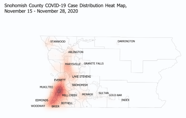 Snohomish county COVID case heat map 11-14 through 11-28