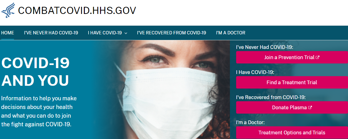 Header for Combat COVID website by US Dept of Health Human Services