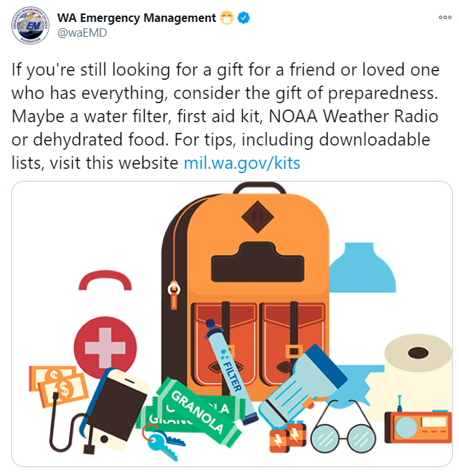Screenshot of social media post urging preparedness gifts for the holidays