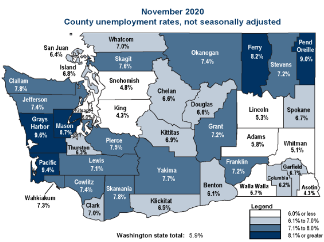 Map of Washington counties displaying unemployment rate for November 2020