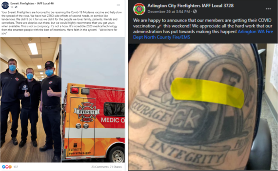 Screenshots of Facebook posts by union members of Everett and Arlington Fire Departments