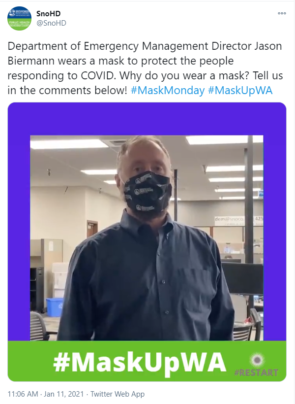 Screenshot of Snohomish County Department of Emergency Management encouraging everyone to wear a mask 