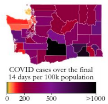 County map of Washington state displaying COVID cases over the last 14 days per 100,000 population