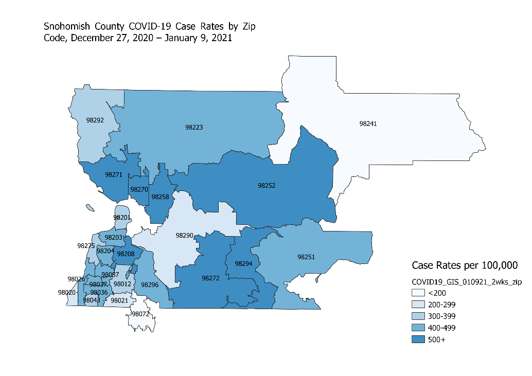Map of Snohomish County showing COVID case rates by ZIP code from 12-27-2020 to 1-9-2021