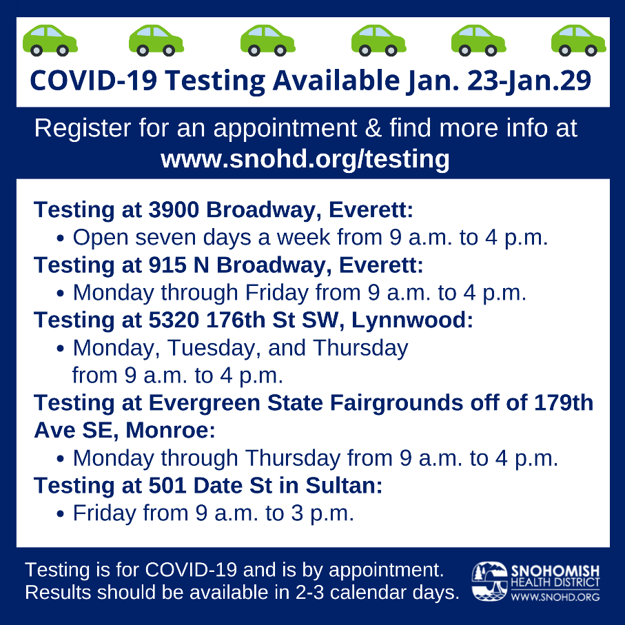 Snohomish Health District drive-thru COVID testing schedule for 1-23-2021 through 1-29-2021