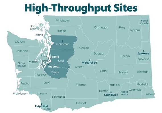Map of Washington state showing the four mass vaccination sites to be operated by the state