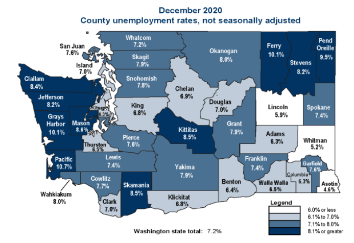 Map of Washington counties displaying December 2020 unemployment rates