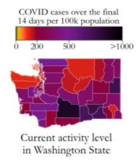 Heat map of COVID activity in Washington state by county in last 14 days