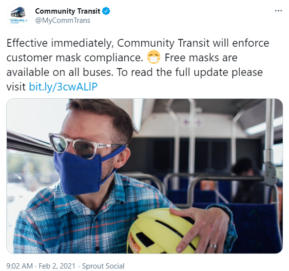 Screenshot of Community Transit tweet on mask requirements