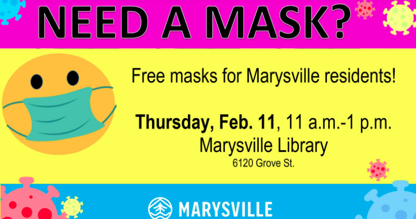 Advertisement for drive-thru mask distribution in Marysville 2-11-2021