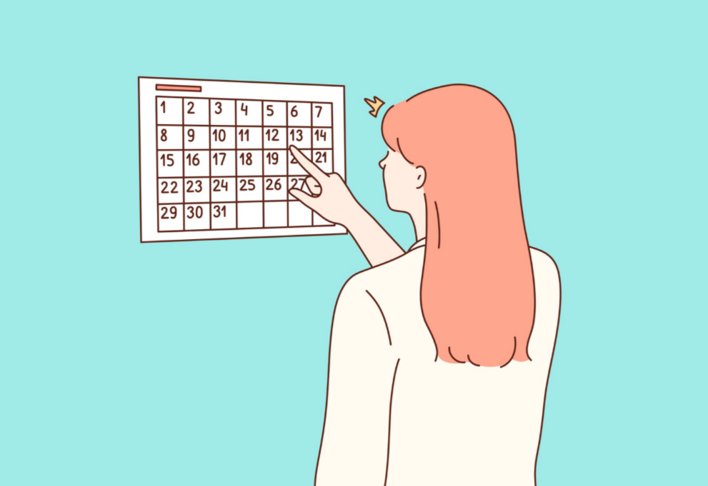 Drawing of woman looking at calendar