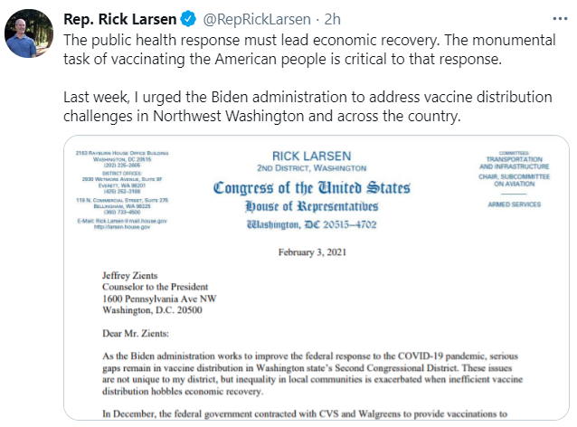 Screenshot of tweet from Rep. Rick Larsen on vaccine supply challenges