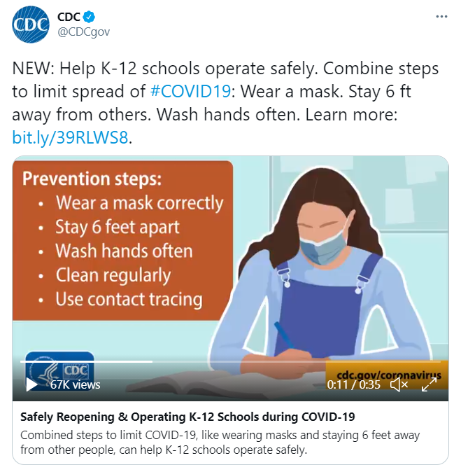 Tweet from CDC - guidance to reopen K-12 education