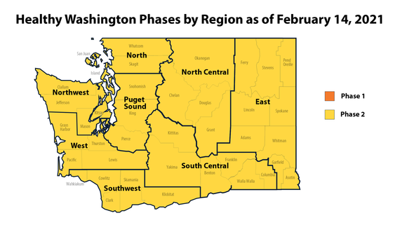 Map of Washington state under Healthy Washington Phases - all in phase 2 as of 2-14-2021