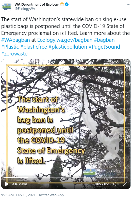 Screenshot of tweet from Dept. of Ecology announcing plastic bag ban postponed