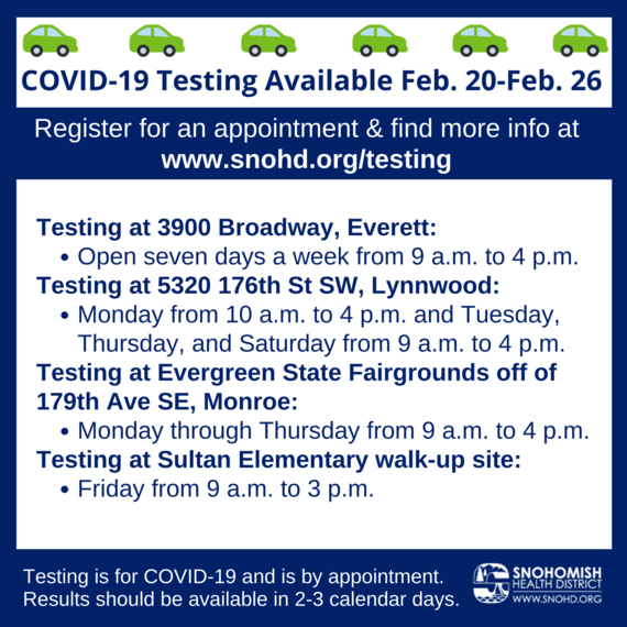 Infographic sharing COVID testing sites for 2-20 through 2-26