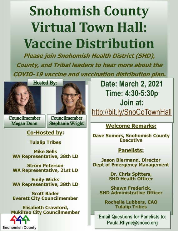 Advertisement for Snohomish County Council Town Hall on Vaccines 3-2-2021