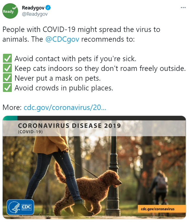 Screenshot of tweet from Centers for Disease Control and Prevention to protect pets from COVID-19