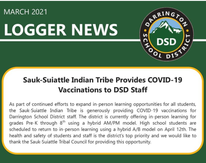 Screenshot of Darrington School District newsletter announcing staff receiving vaccinations from Sauk-Suiattle Tribe
