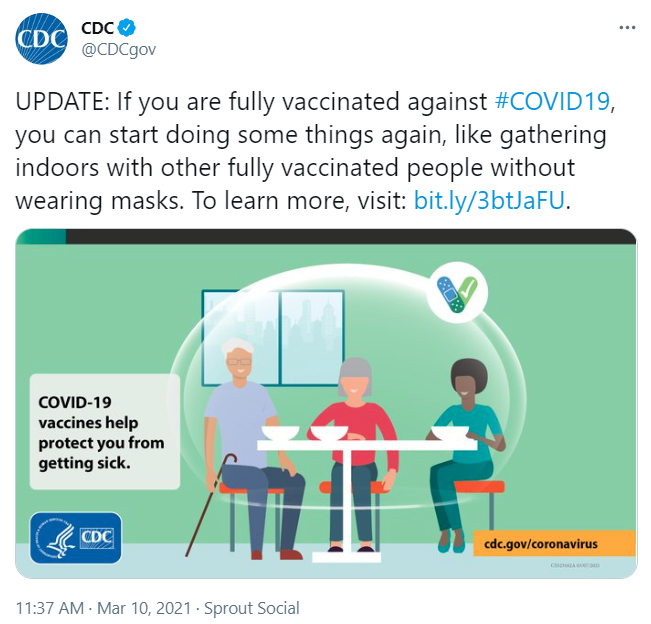Screenshot of CDC tweet on guidance for  fully vaccinated people gathering with others