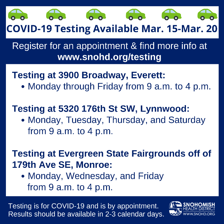COVID-19 testing schedule March 15-20