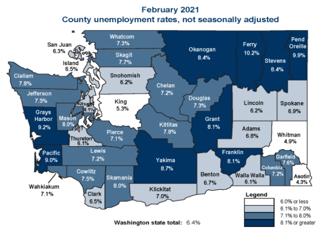 Map of Washington state showing county unemployment rates for February 2021