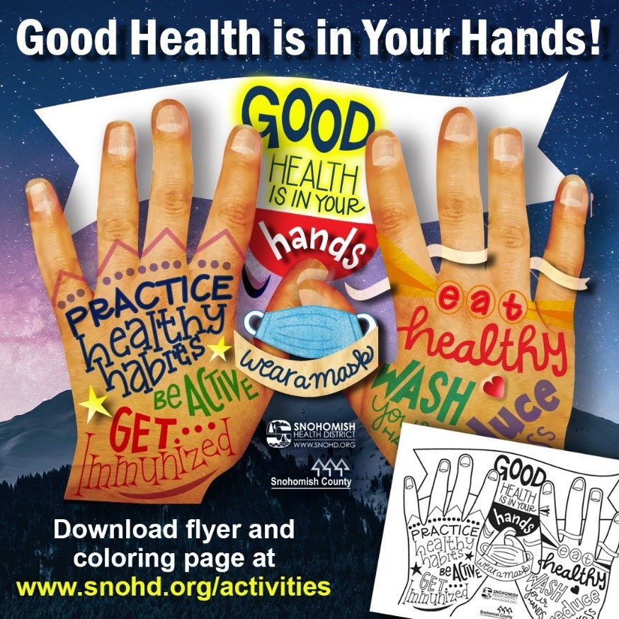 Good health is in your hands flyer and coloring page