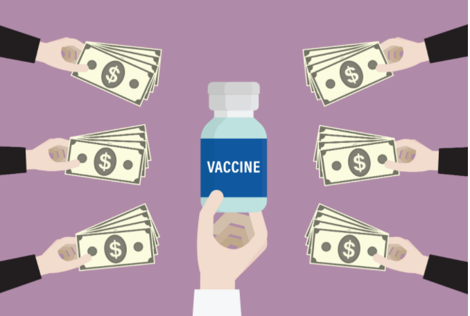 Vaccine vial with hands offering dollars