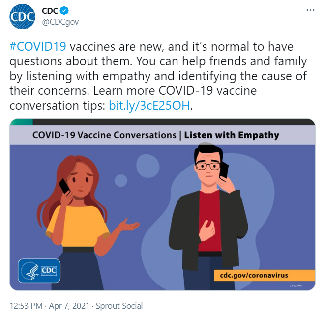 Screenshot of twitter post from CDC on helping allay fears of getting COVID vaccine from family and friends 