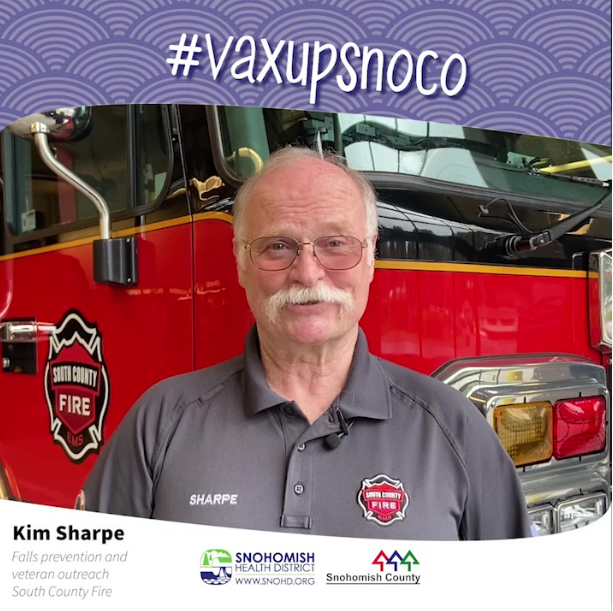 Screenshot of social media video with fall prevention specialist Kim Sharpe on why he vaccinated #vaxupsnoco