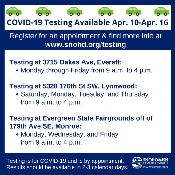 Graphic informing of Snohomish Health District COVID-19 testing schedule for the week of April 12