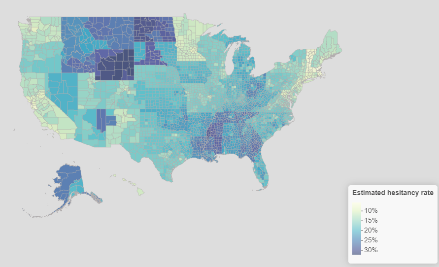 04142021 screenshot of US map showing estimated COVID vaccine hesitancy rate by county