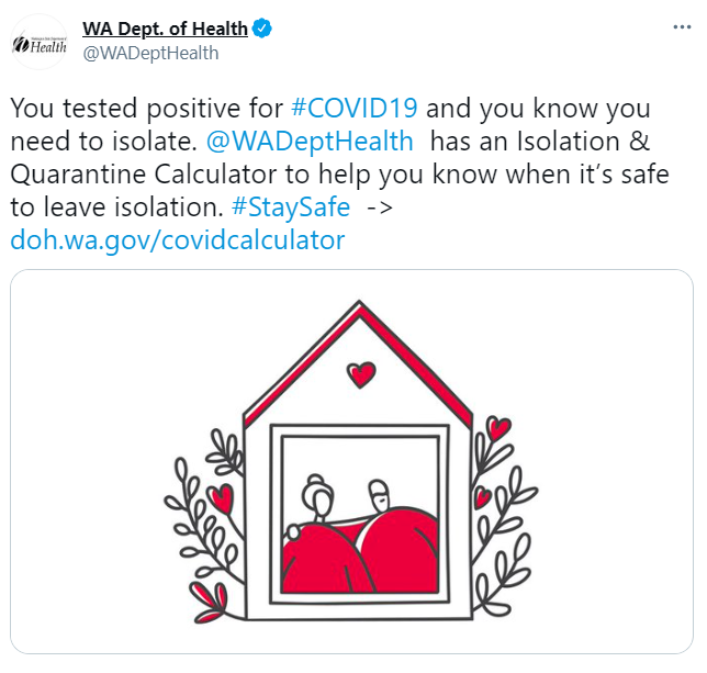 Screenshot of Washington State Dept. of Health tweet on new isolation and quarantine calculator now available in multiple languages