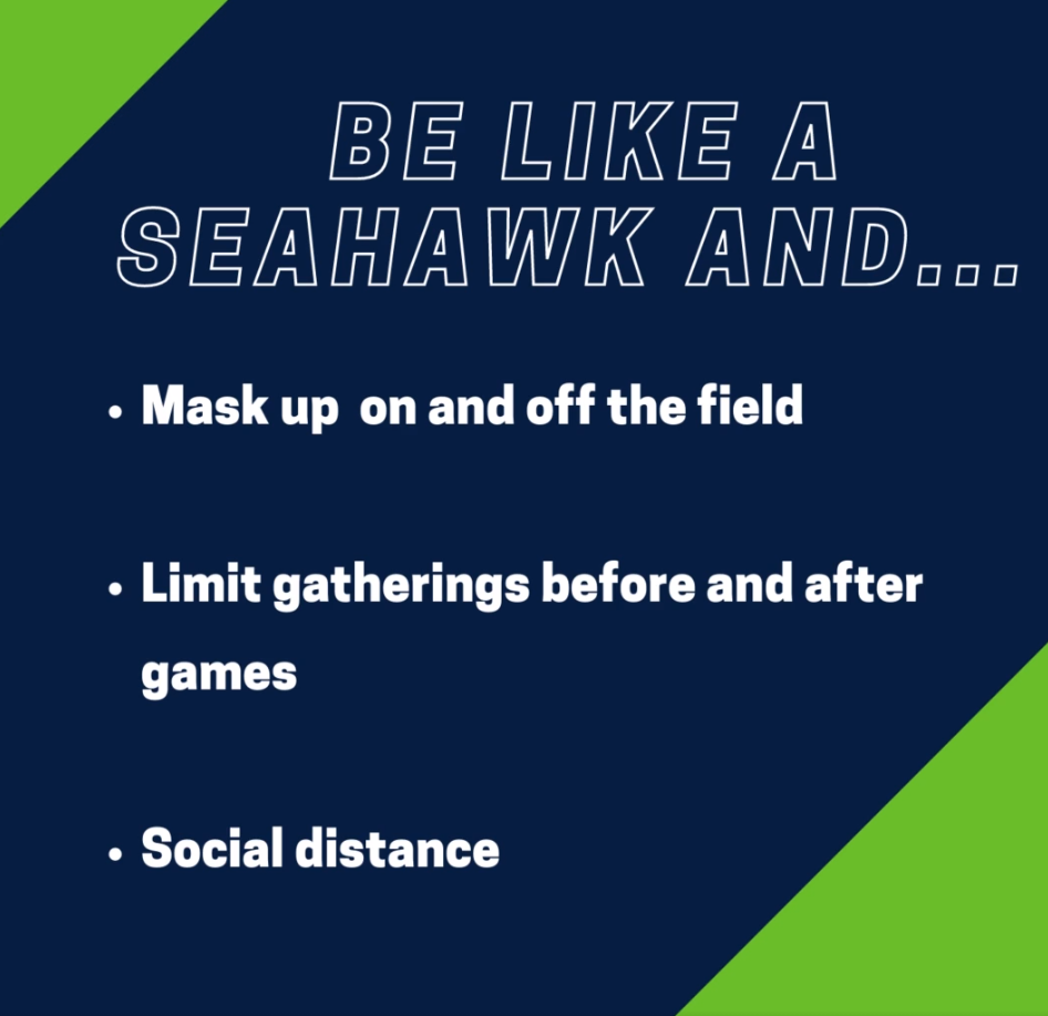 Screenshot of a social media video "Be like a Seahawk and" mask up, limit gatherings, and keep your distance