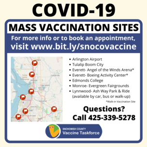 04202021 Map of Snohomish County showing where the seven mass vaccination sites are located