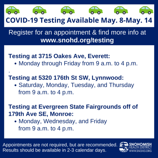 SHD Drive-thru testing  schedule 5-7-21