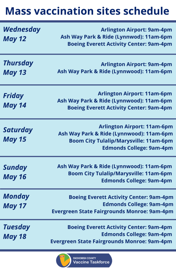 Snohomish County mass vaccination sites schedule May 12-18