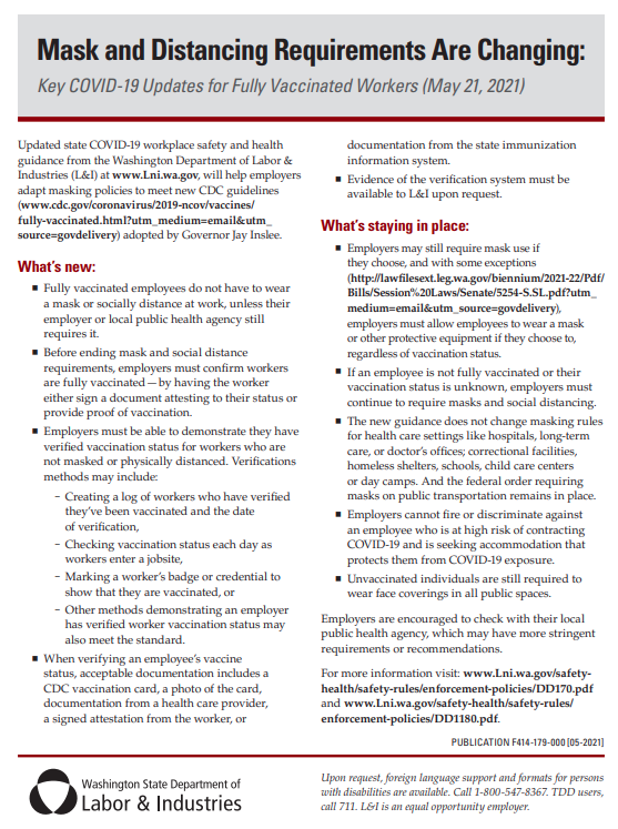 WA Labor & Industries flyer on mask requirements in workplace