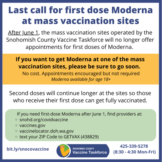 Last call flyer for Moderna vaccines as SnoCo Vaccine Taskforce sites