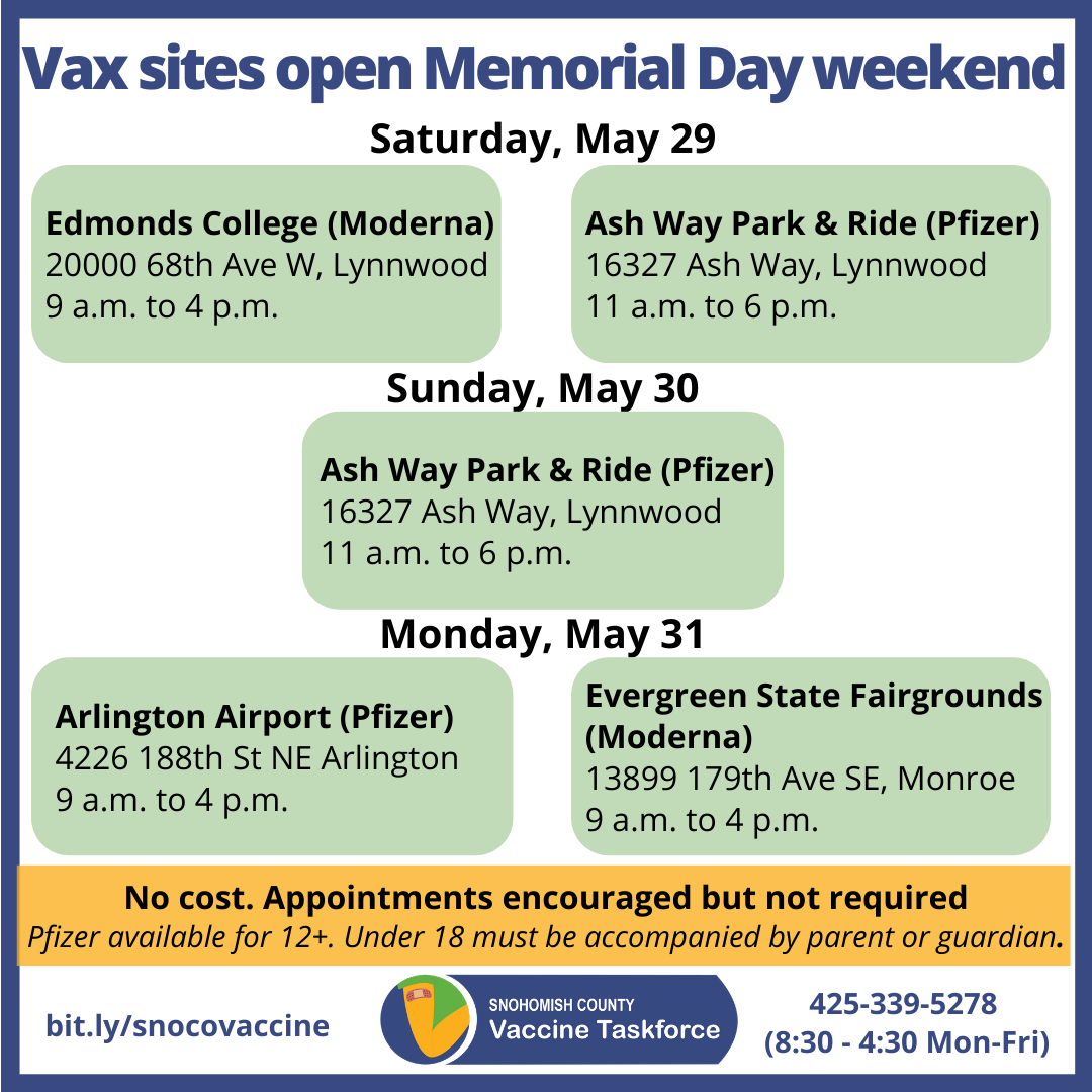 Vaccine site schedule for Memorial Day weekend