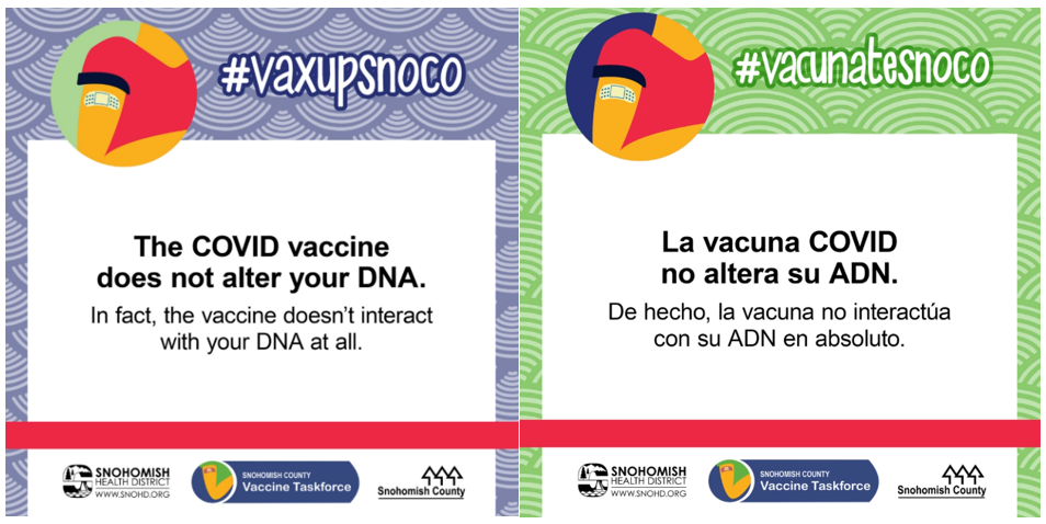 Screen grabs from COVID vaccine video, English and Spanish