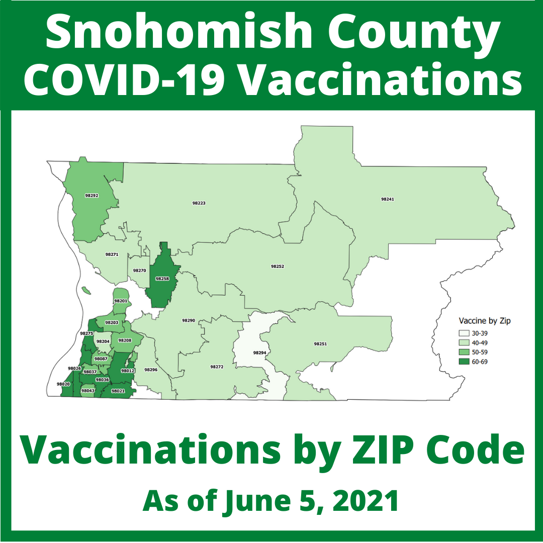 Percent population with at least one dose of COVID-19 vaccine in SnoCo by ZIP