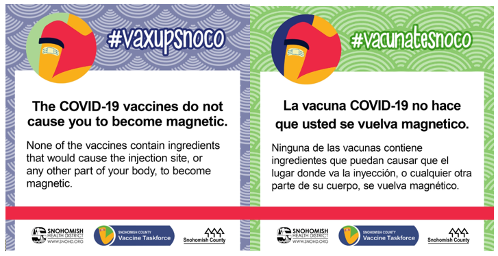 Screen grabs from English and Spanish videos myth busting about magnetic side effects from COVID vaccines