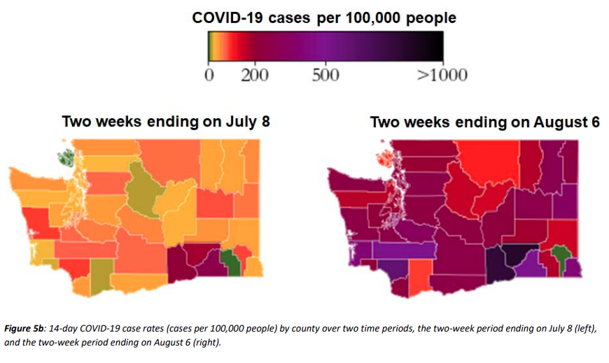 COVID-19 cases per 100k across WA, July and August