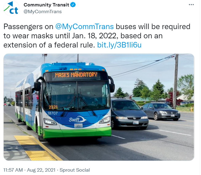 Community Transit tweet on TSA extending mask requirement to Jan. 18, 2021