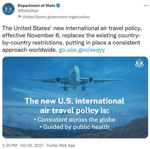 New international air travel policy tweet