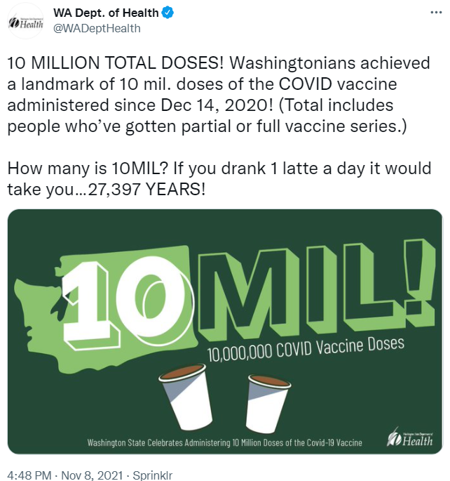 WA DOH tweet about 10 million COVID vax doses in state 11-8-21