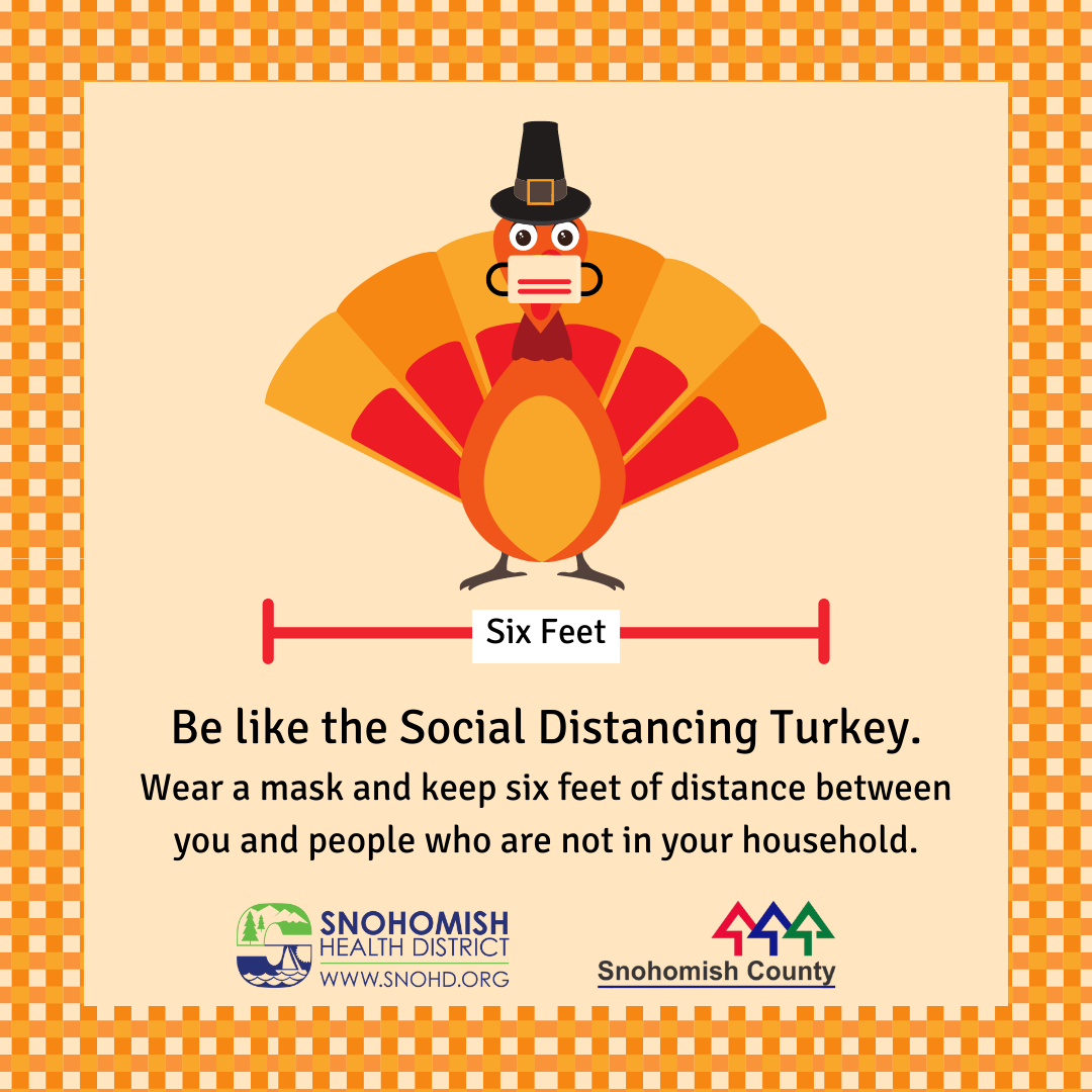 Thanksgiving turkey in pilgrim hat reminds us to watch our distance during holiday gatherings